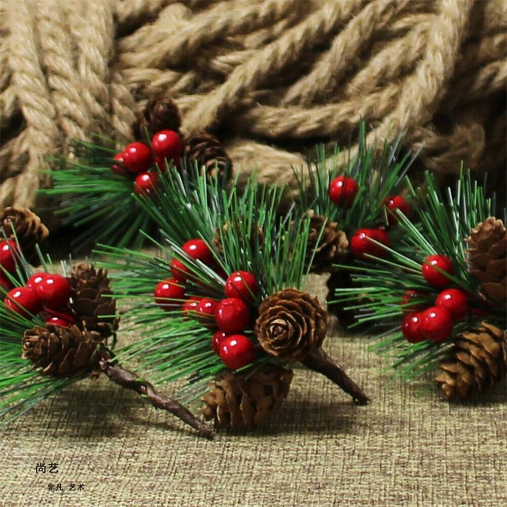 5pcs Christmas Artificial Pinecone Red Berry Stem Home Party Decor Simulation Pine Cone for Christmas Tree Pendant Decorations