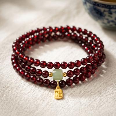 Natural Garnet 3-Loop Wrap Bracelet & Necklace, Wine Red Healing Crystal "Women's Stone", Oriental Lucky Amulet Jewelry for Women