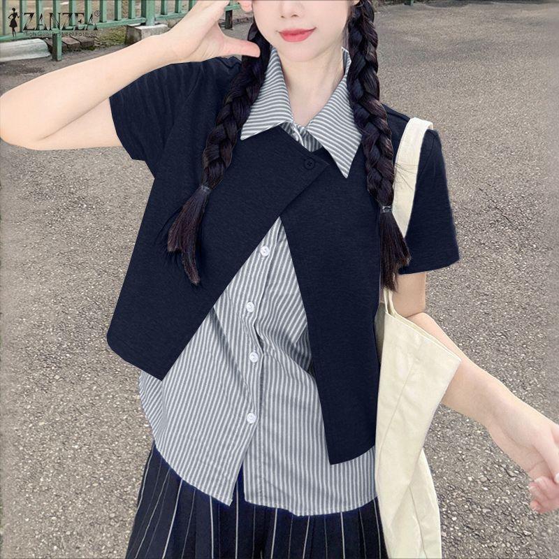 ZANZEA Women Stripe Splice Turn Down Collar Short Sleeve Blouse