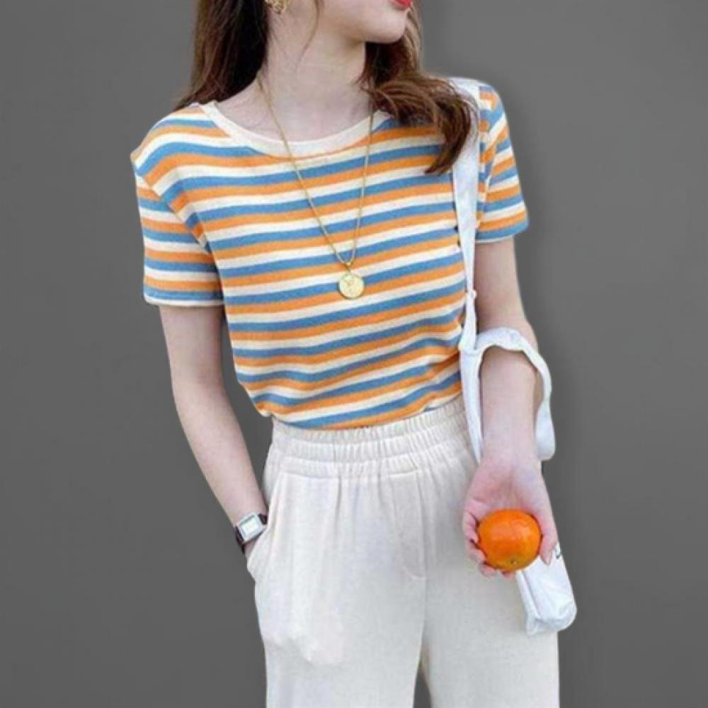 New Arrivals Open Run Women Bicolor STripe Round Neck ShorT Sleeve T shirT