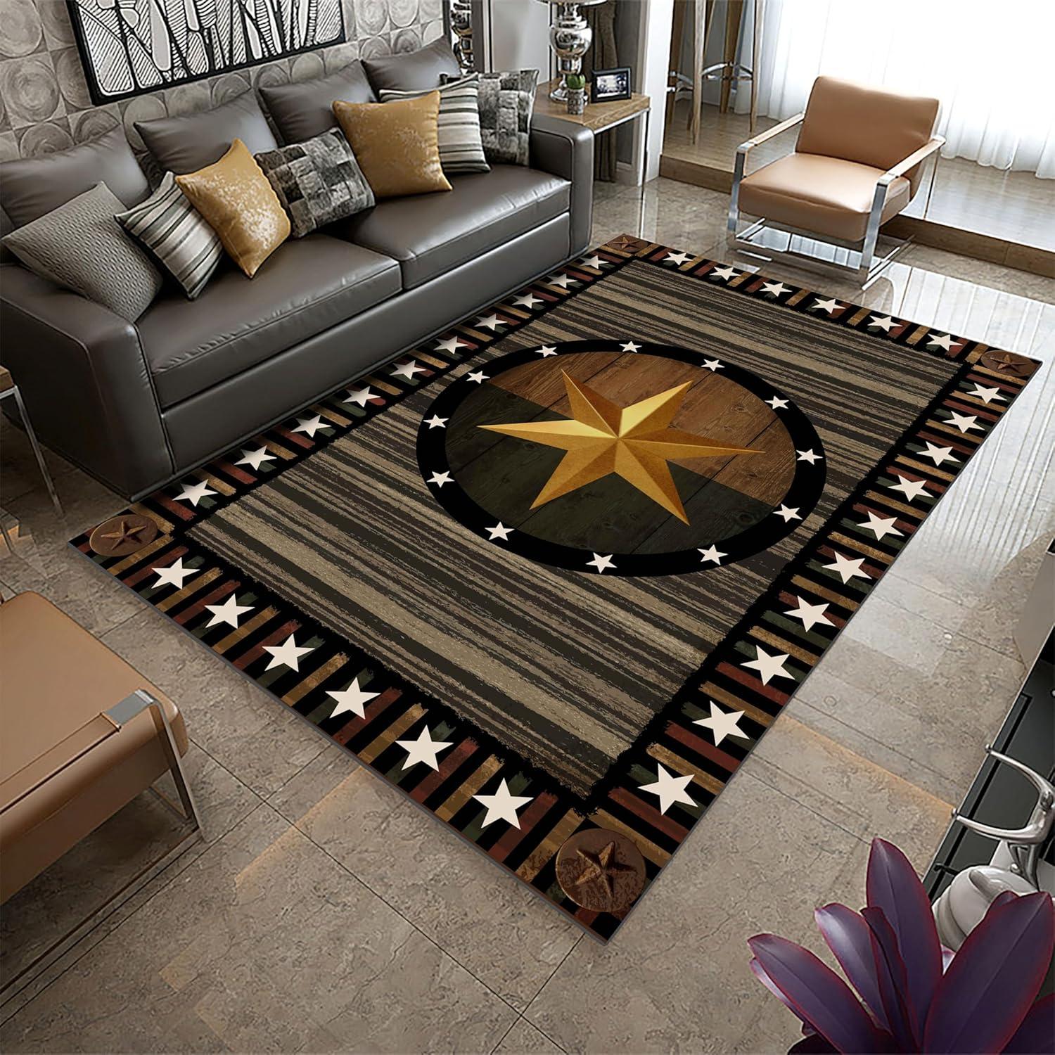 Texas Star Area Rug Brown Rustic Western Rugs, Western Texas Star Bedroom Rugs Non-Slip Western Texas Star Rugs for Living Room 40x60cm