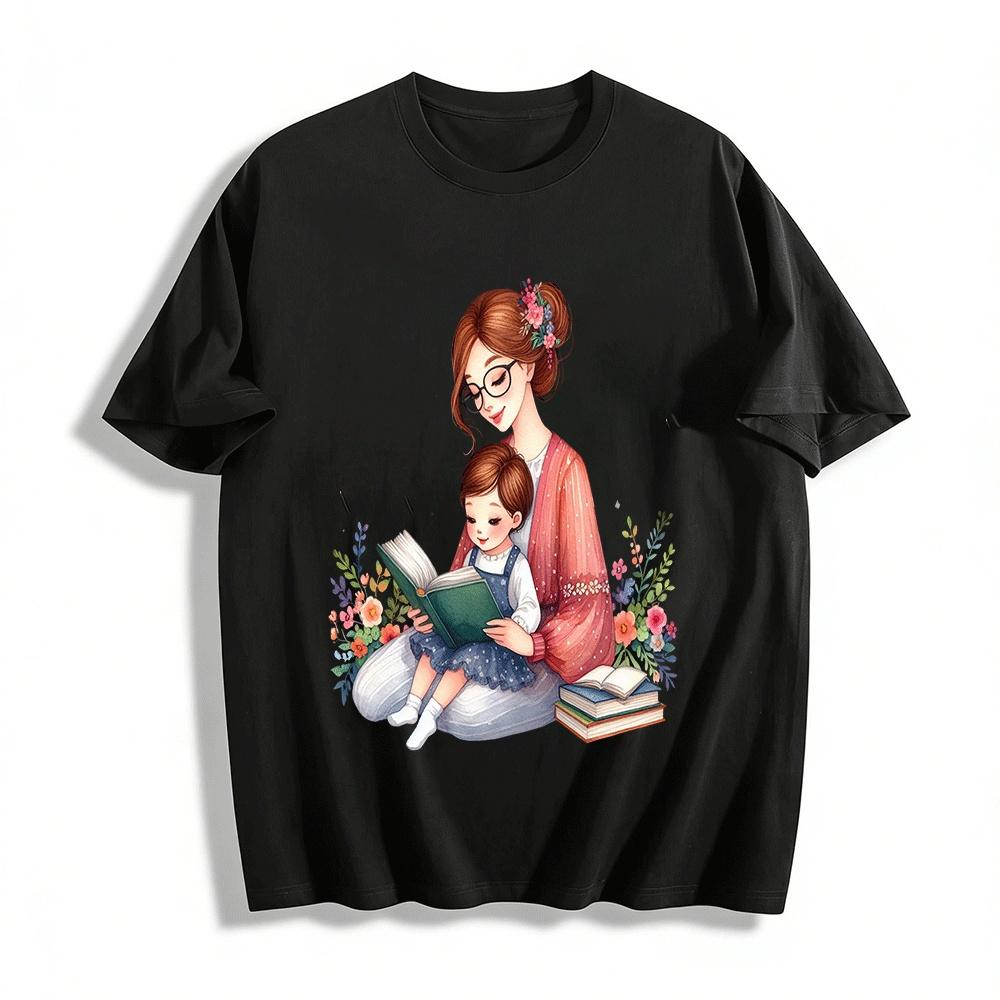 Warm Parent-Child Reading Time Printed Top Mom And Kid Book Lovers Tee Pure cotton T-shirt XXS