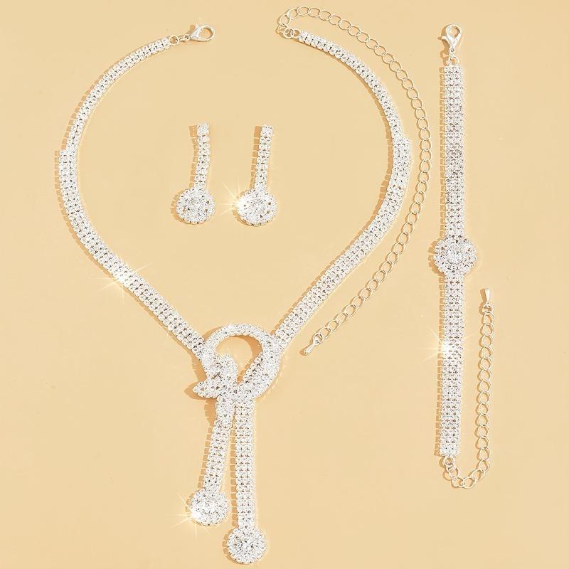 1 Pair Dangle Earrings Necklace Bracelet Jewelry Set For Women Shiny Rhinestones Inlaid Female Wedding Accessories