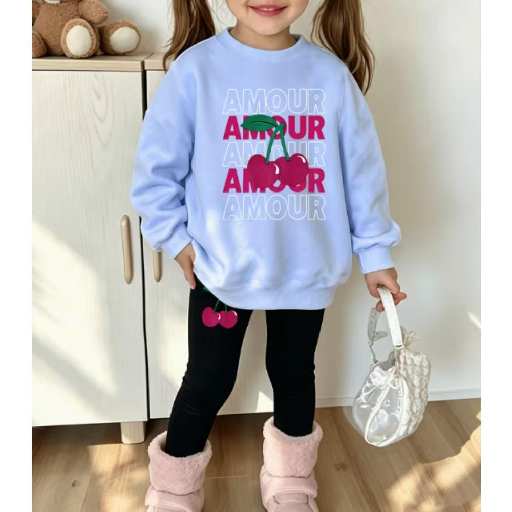 Girls' Sweet Cherry Casual Comfortable Soft Loose Pullover Sweatshirt and Leggings 2-Piece Set, New Autumn/Winter, Playful, Sweet and Cool Style
