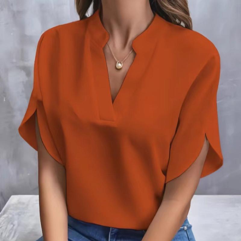 Summer New V-neck Shirt Solid Color Casual Short Sleeved Women's Shirt
