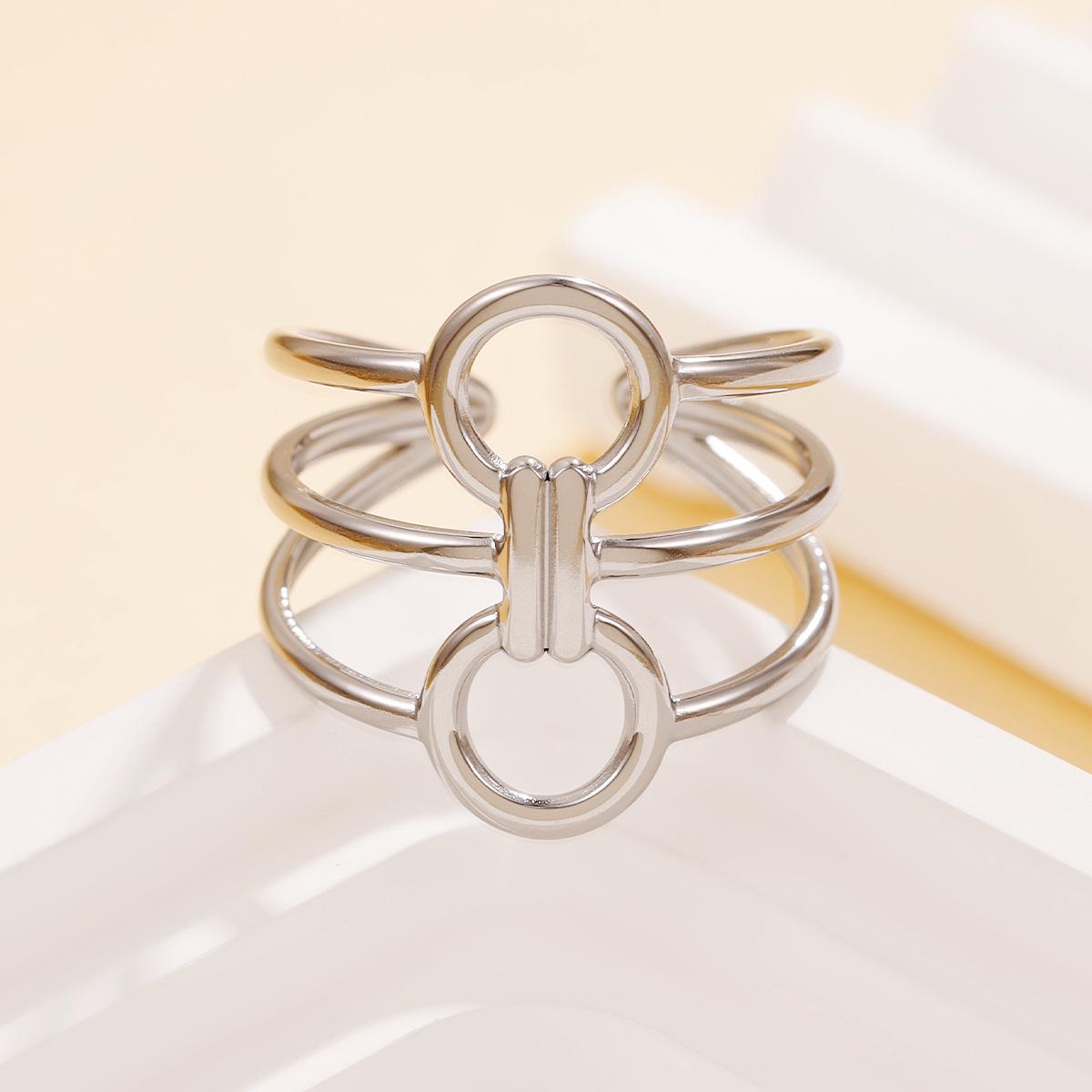 Stainless Steel Geometric Round Open Ring & 18K Gold Plated Bracelet Set