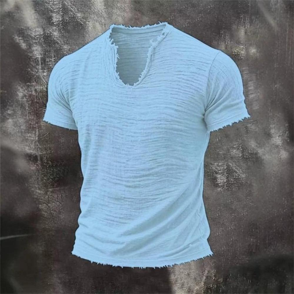 2026 Solid-color Men's Retro Cotton-Linen Mustache Edge Special V-Neck Short-Sleeve T-Shirt