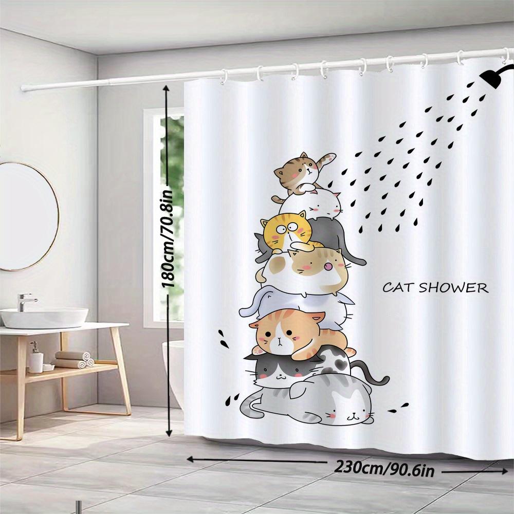 Whimsical Cat Tower Shower Curtain Stacked Cute Cats + “CAT SHOWER” Text, Water Droplets, 12 Hooks, 70.87×70.87 inch, Polyester