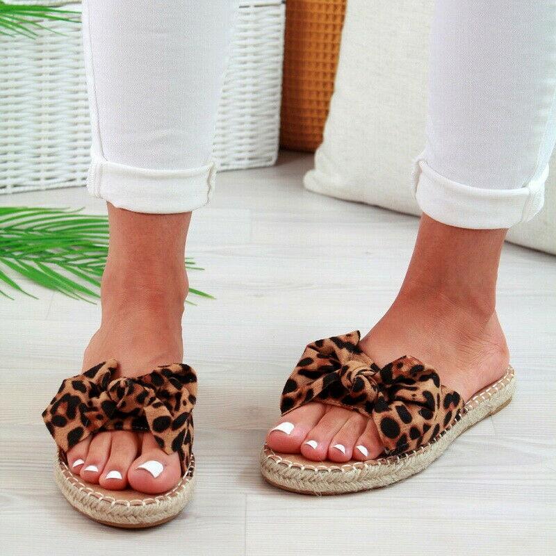 Elegant Women Slip On Sandals Bow Flat Mule Espadrille Shoes Summer Sliders