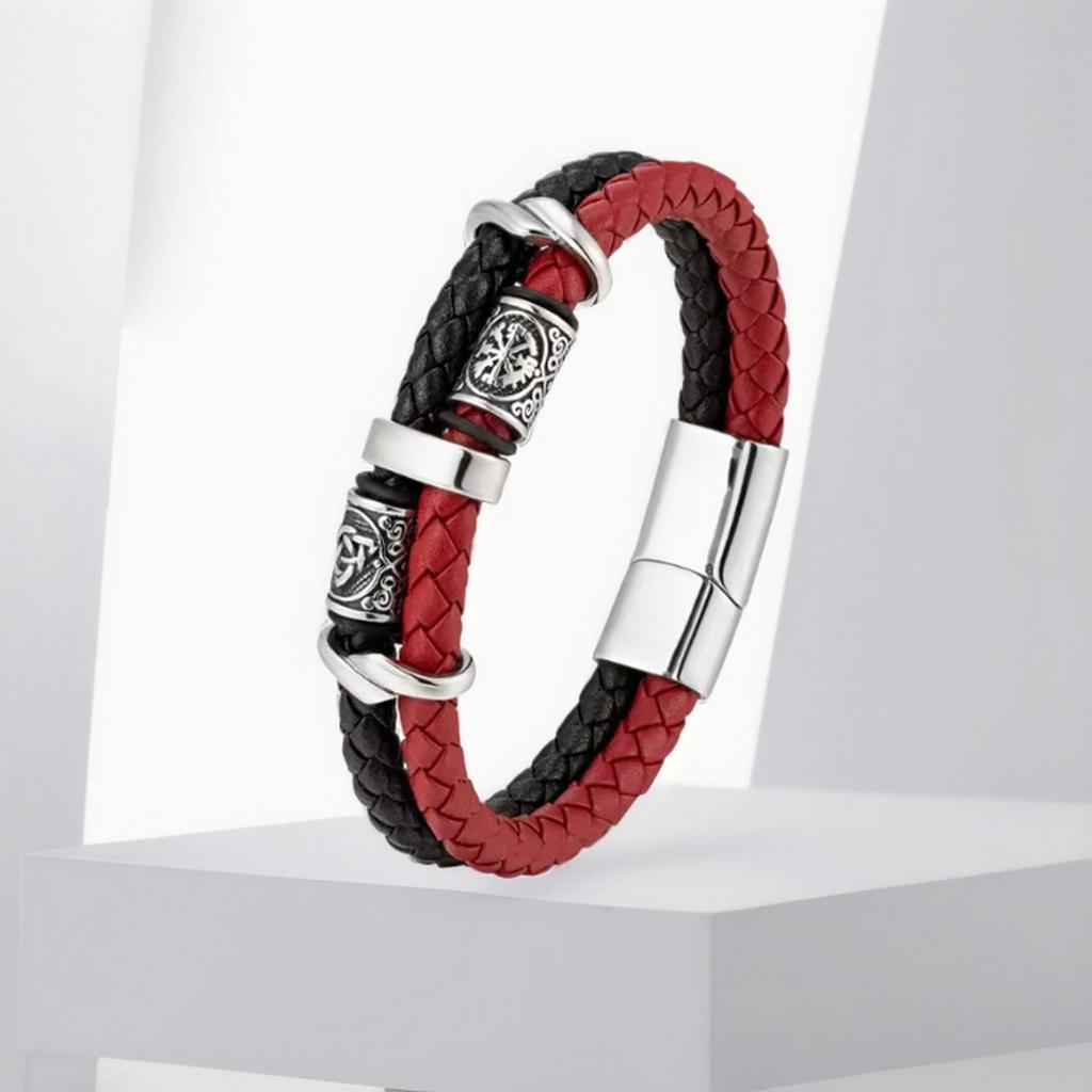 Men's Braided Leather Bracelet with Stainless Steel Clasp and Decorative Beads Adjustable Wristband for Daily Wear and Casual Style