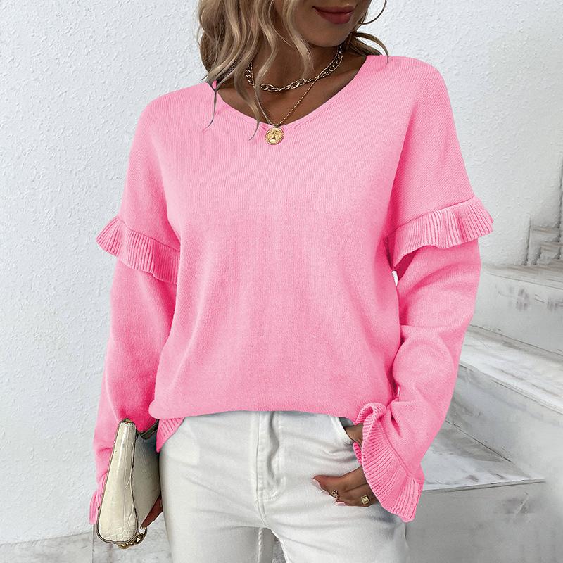 Solid color V-neck petal sleeve sweater for women autumn and winter new European and American sweater for women