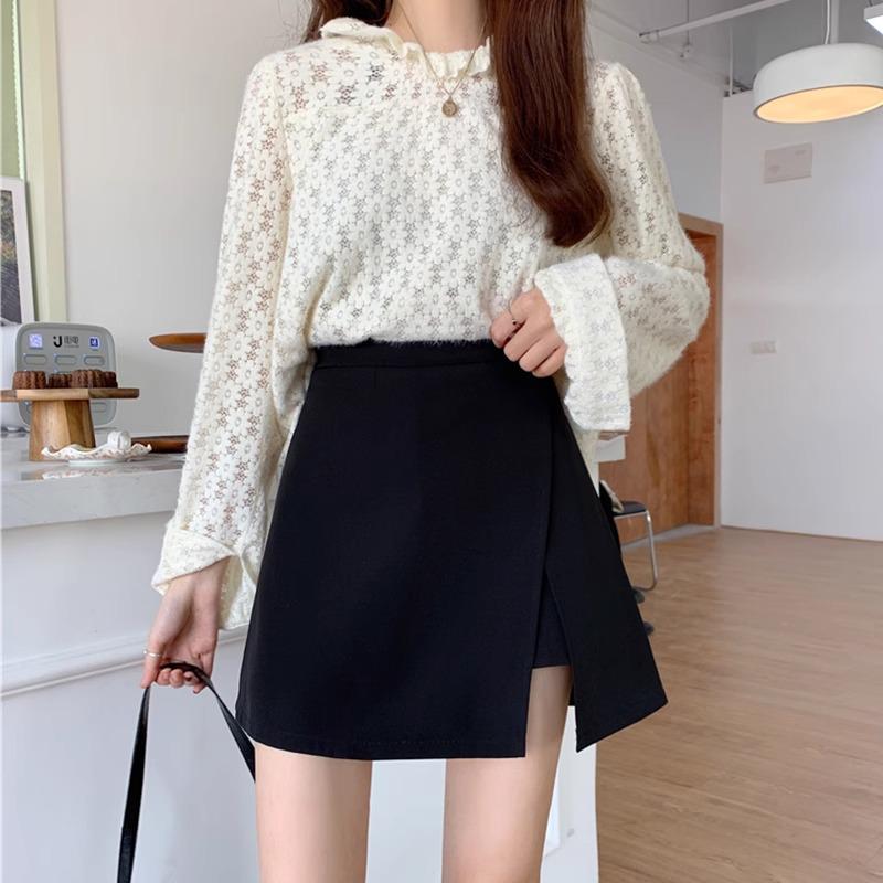 Plus Size Black High-Waist Midi Skirt with Slit - Slimming A-Line Skort for Summer 2024