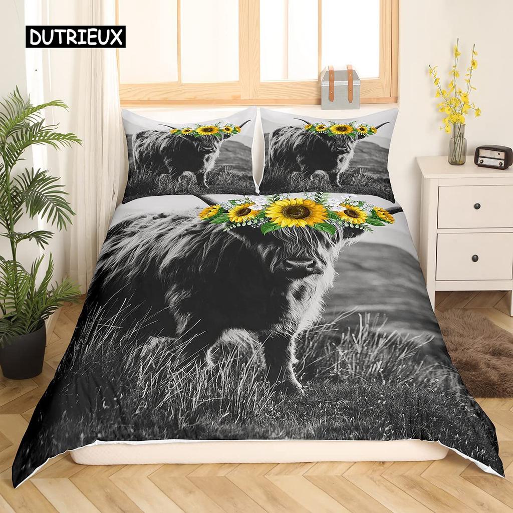 Bettbezug-Set mit Kuh-Motiv, rustikales Vintage-Bettwäsche-Set für Western-Wildtiere, für Kinder und Jungen, Polyester, Steppdeckenbezug, Doppelbett, Queensize-Bett, Kingsize