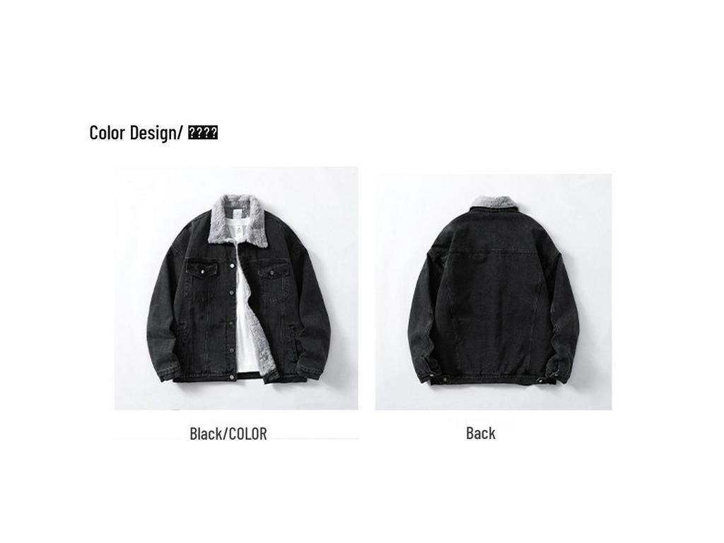 2025 Men's Autumn/Winter Denim Jacket with Faux Rabbit Fur Collar, Cotton Texture, Fleece-Lined, Washed Finish.