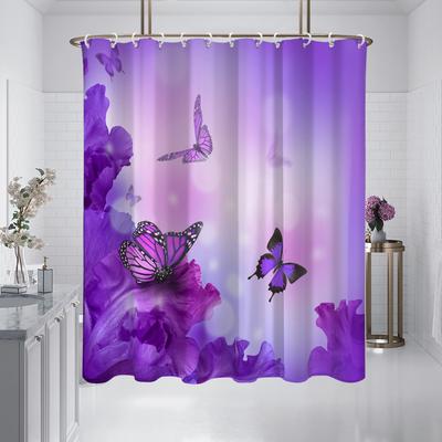 1 Piece Of 180X180Cm Purple Dreamy Butterfly Flower Print Shower Curtain Partition, Bathroom Waterproof And Mold Resistant