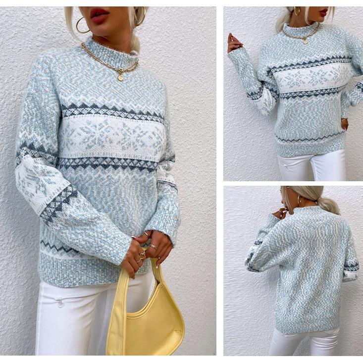 Popular OZON autumn and winter women's clothing Christmas snowflake pattern semi-turtleneck sweater needle