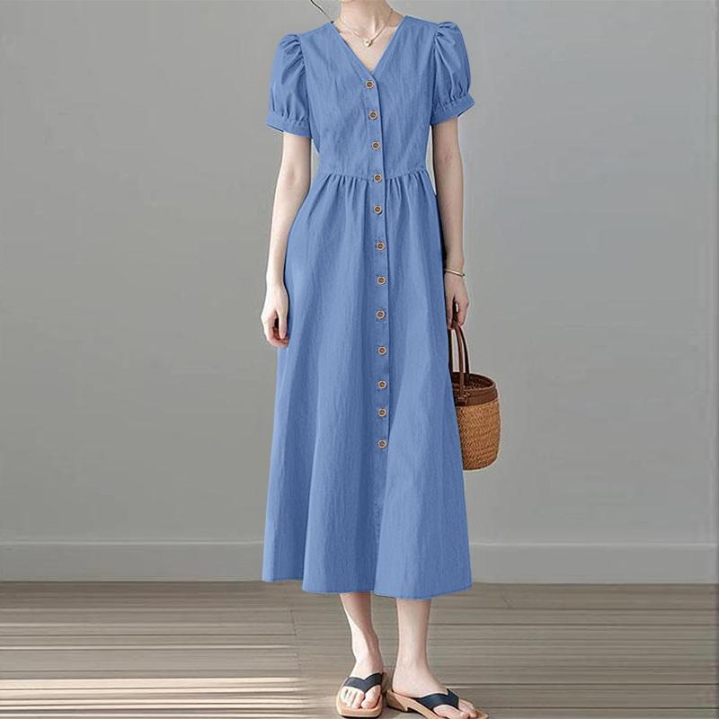 

ZANZEA Женское повседневное платье с V-образным вырезом, коротким рукавом, свободного кроя, летнее, длинное S синий