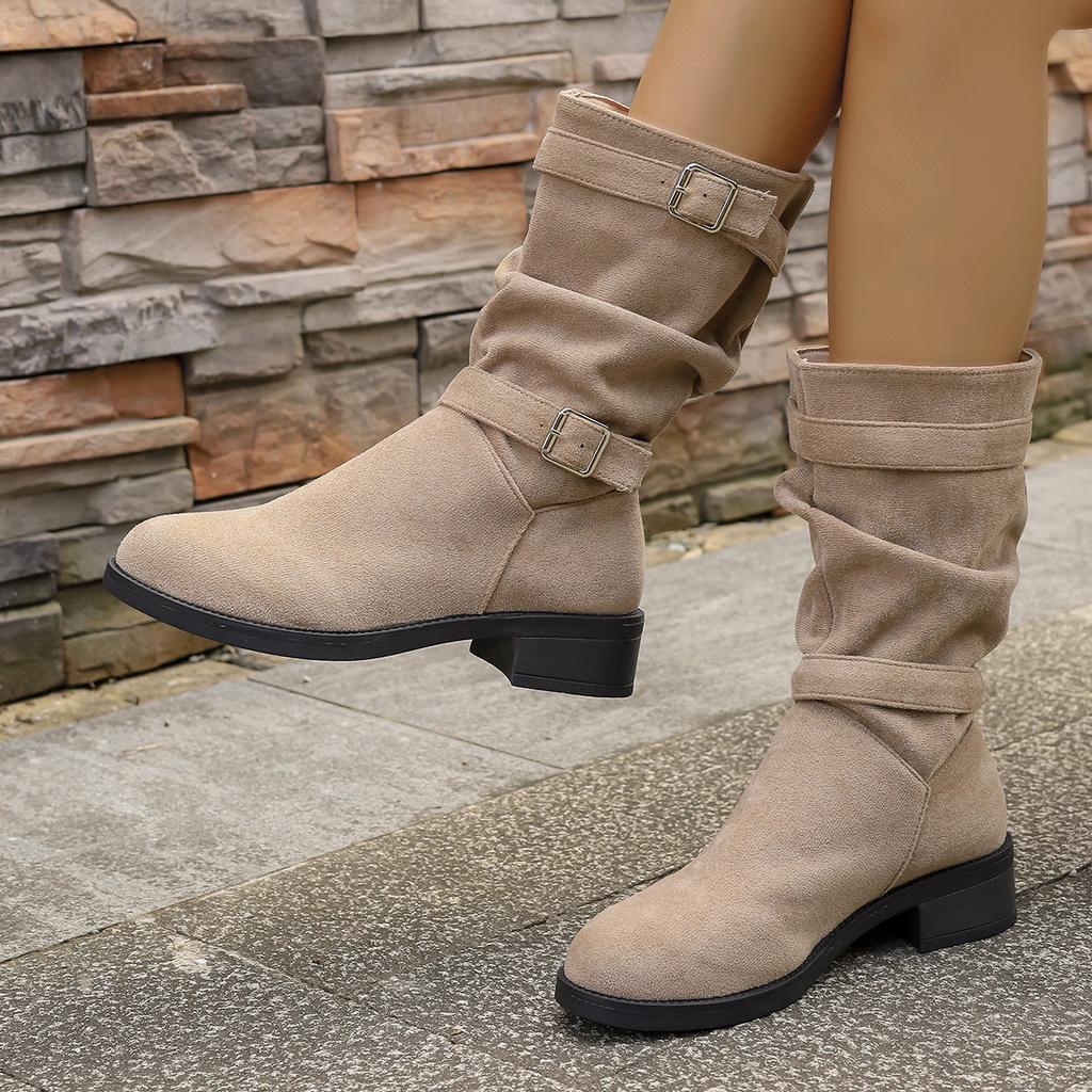 Autumn Women'S New Belt Buckle Suede Boot Large Size Round-Toe Pleated Sleeve Boots Mid-Heeled Knight Women'S Outdoor Boots