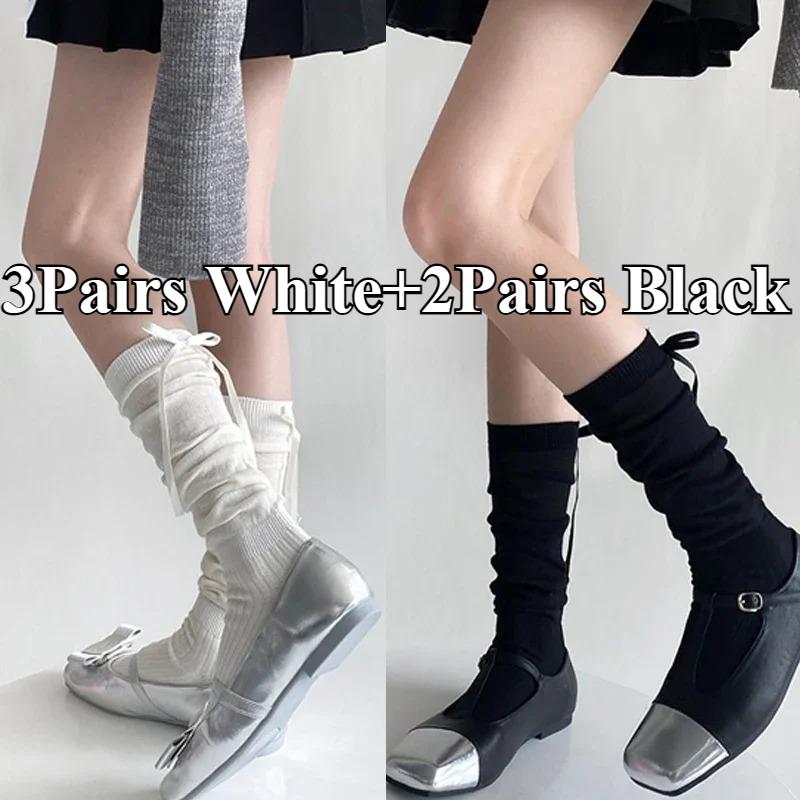 1/2/5 Pairs Lolita Long Socks Women Summer Ultra Thin Breathable Bandage Ribbon Bow Sweet Girls JK Black White Stockings
