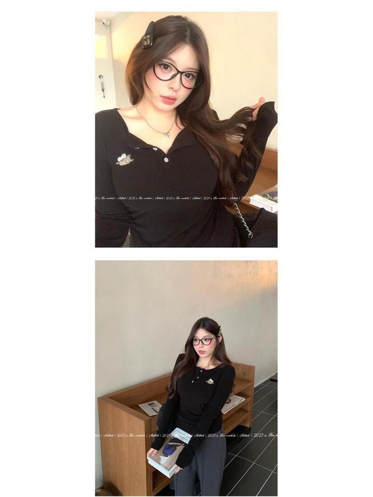 Annie's Kitty Embroidery Waist-Cinching Knit T-Shirt for Plus-Size Women - Slimming Long-Sleeved Top