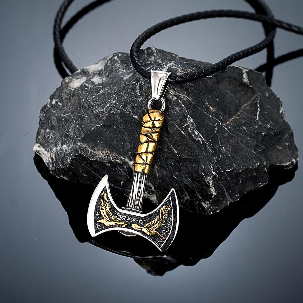 Norse Mens Double Edged Axe Necklace Stainless Steel Viking Hatchet Pendant Odins Raven Amulet Scandinavian Jewelry Gift 60CM