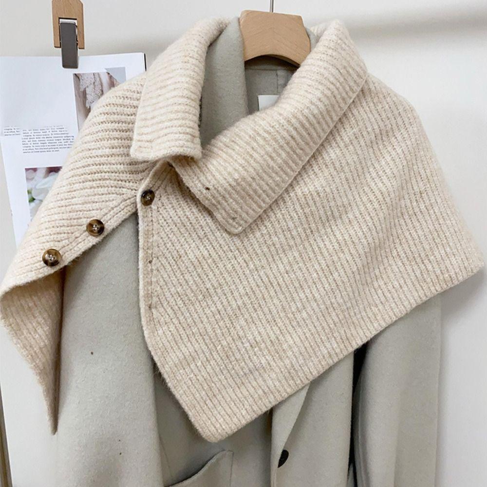 Button High Neck Scarf Thicken Women Winter Shawl Simple Scarves Knitwear  Girl