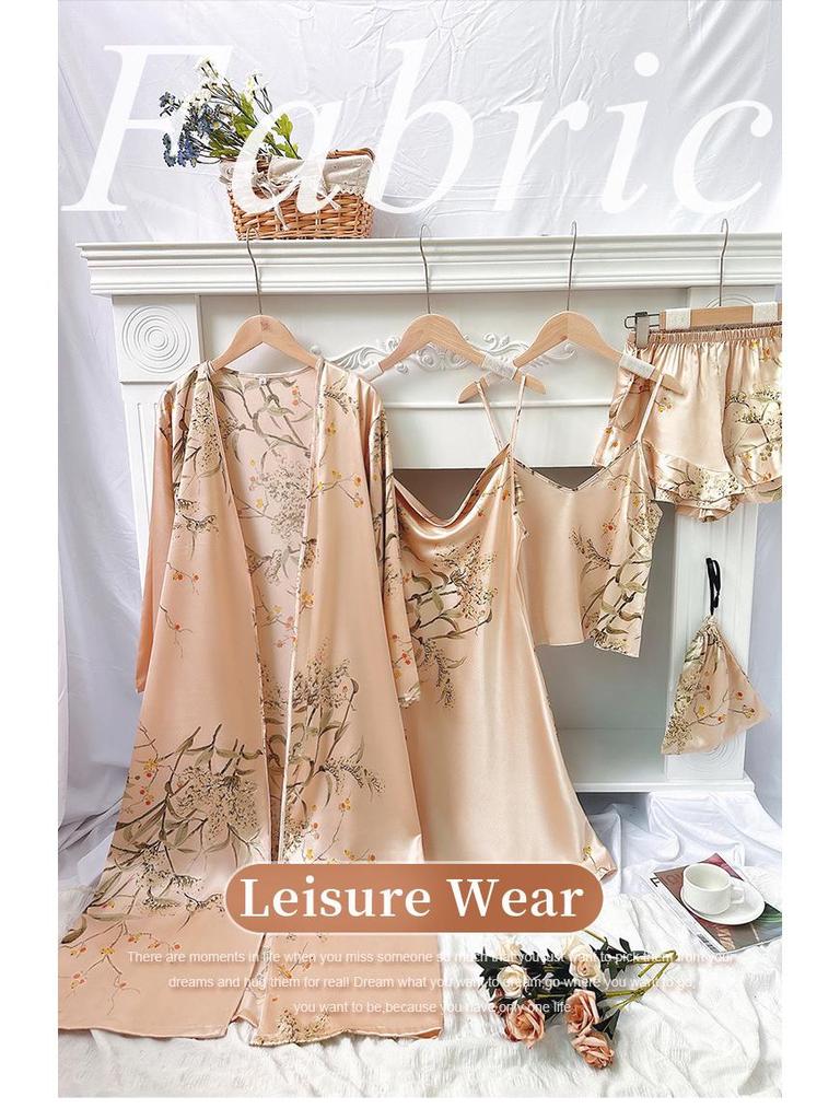 Women's Four Seasons Tie-Up Robe & Nightgown Set - Thin, Mid-Length Pajamas