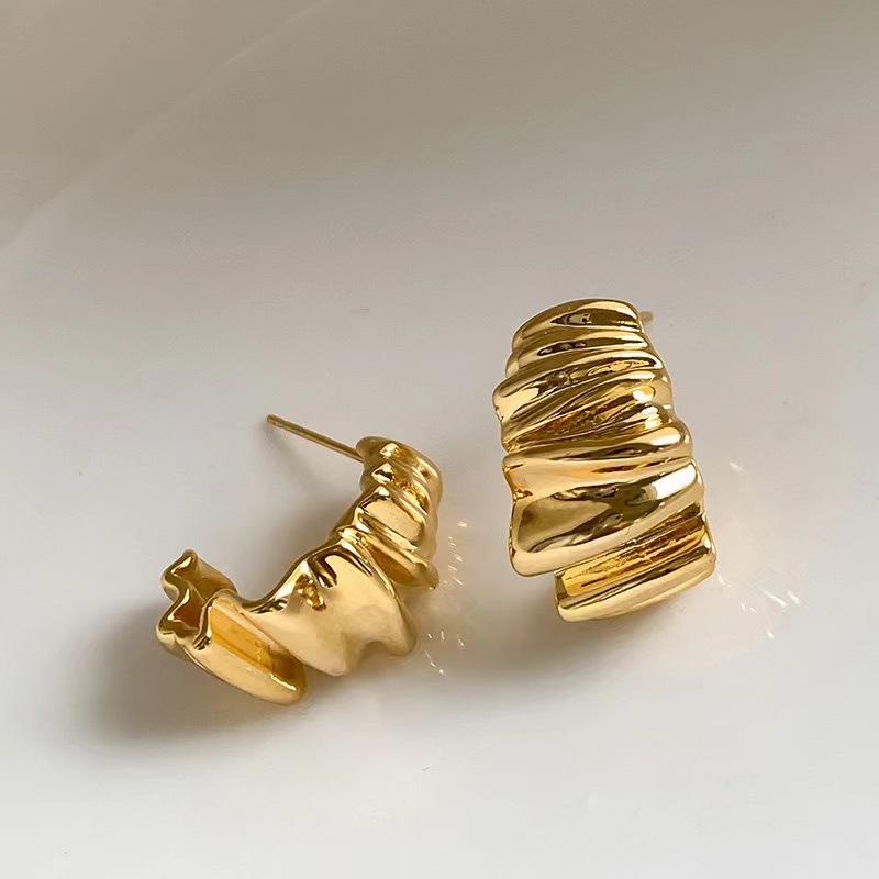 European-American Geometric Pleated Metal Stud Earrings