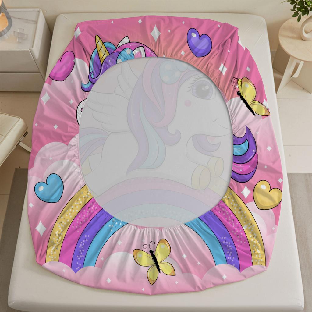 1PC Cute Unicorn Bed Sheet Rainbow Soft Digital Print Fitted Sheet Without Pillowcase Halloween Decor Gift For Kids Bed Linen