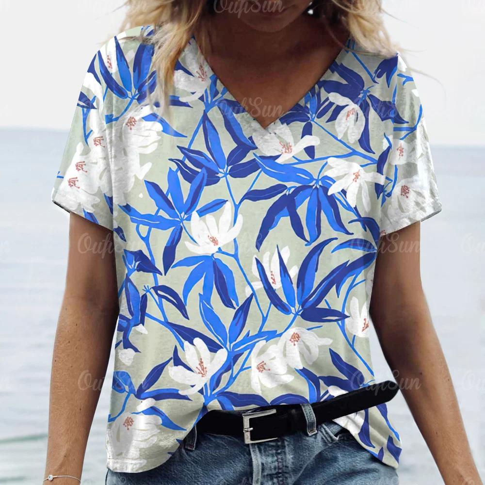 Summer Women Floral Print T-shirt Fashion Tops Tees Female Daily Casual V-Neck Short Sleeve Clothing Ladies Stylish Streetwear