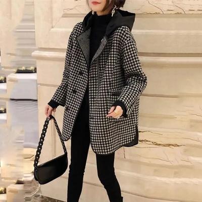 Fashion Houndstooth Plaid Jacket Mid-Length Women's Thin Woolen Coat Spring Autumn New Hooded Loose Casual Outerwear Female
