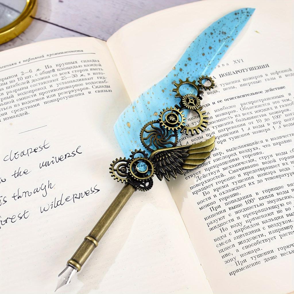 Ambidextrous Mechanical Calligraphy Pen with 5 Personalized Metal Tips, Medium Point, Round Body, Decorative European Retro Feather Quill for Beginner