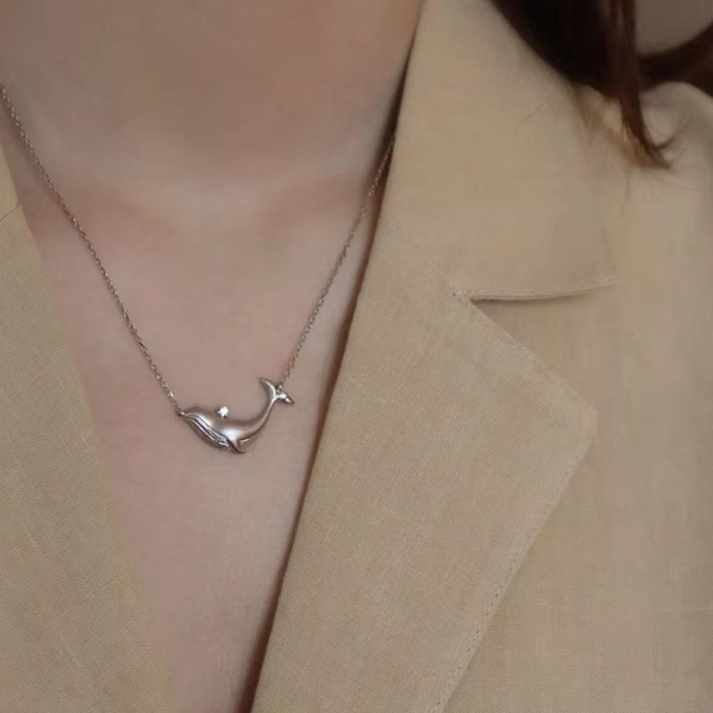 Silver Clavicle Chain Elegant Zircon Pendant Gift Whale Pendant Necklace  Jewelry
