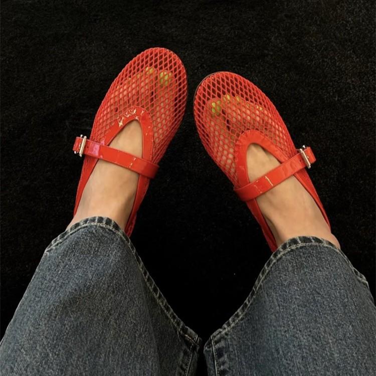 European and American Spring and Summer New Fashionable Hand-woven One-word Buckle Shallow Mouth Flat-bottomed Ballet Shoes Hollowed Out
