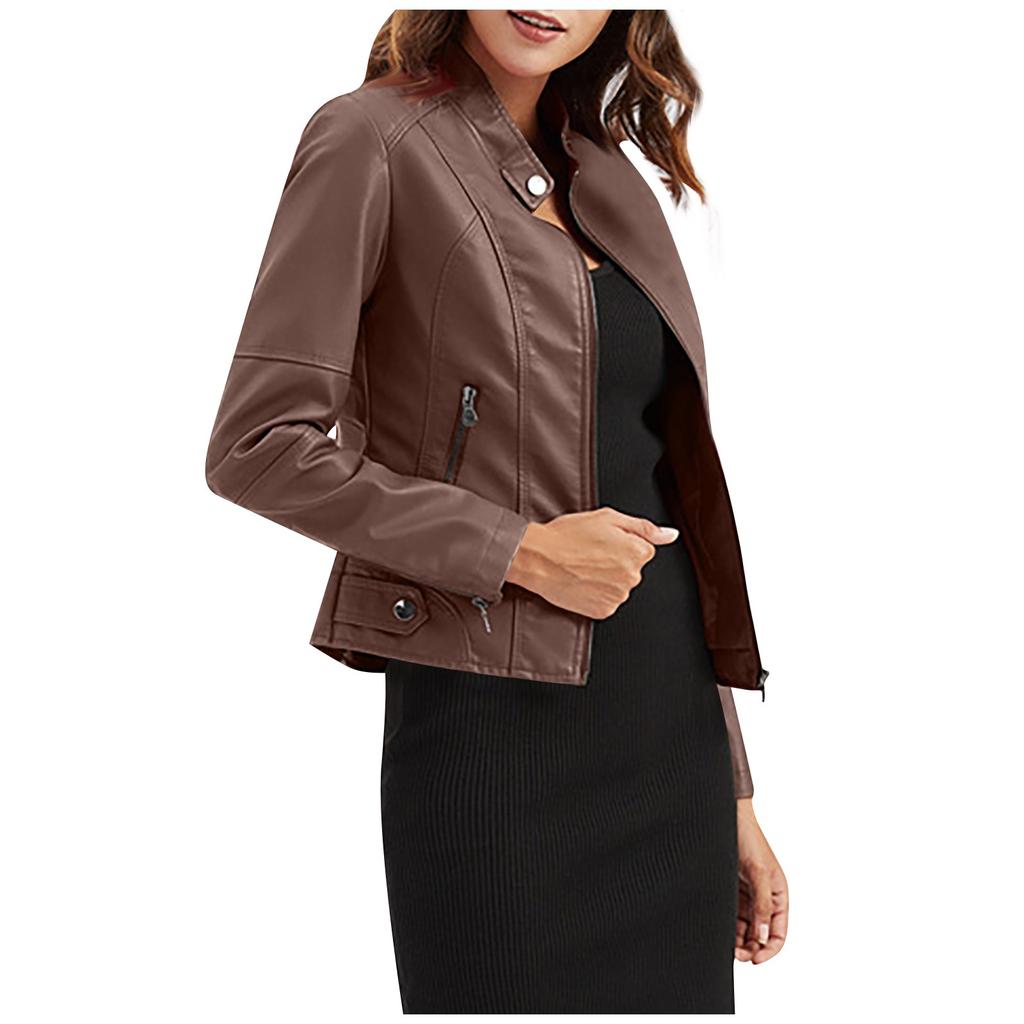 Women's Slim Fitting Jacket Women's Wear, Standing Collar Leather Jacket