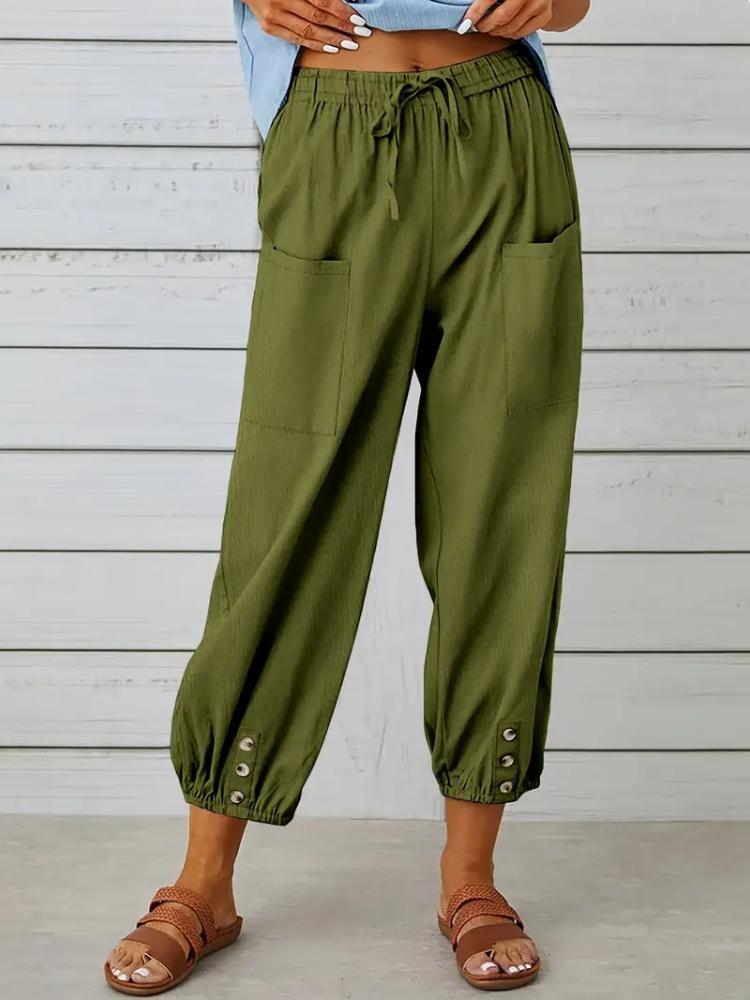 Women Capri Pants Drawstring High Waist Trousers Wide Leg Cropped Pants with Pockets