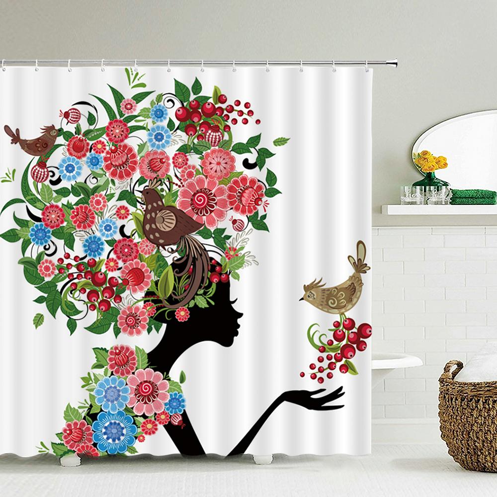 Butterfly Flower Girl Bathroom Curtain Polyester Waterproof Fabric Shower Curtain Valentine's Day Heart Pattern Bathtub Screen