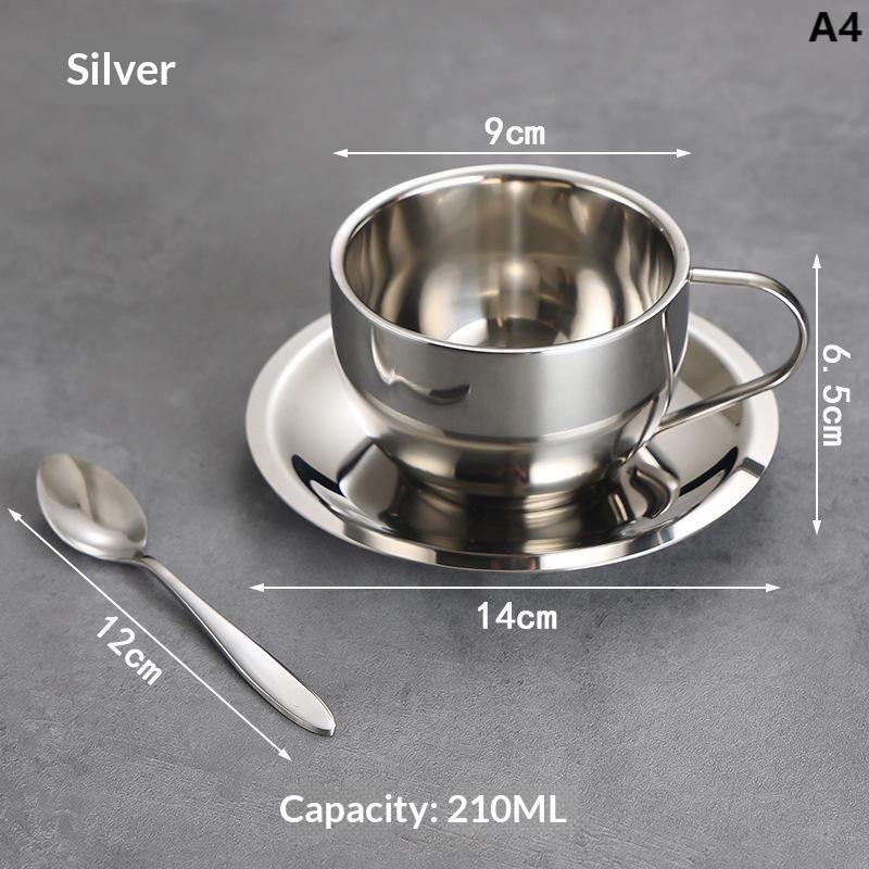 Tasse à café en acier inoxydable 170/200/250/280 ml Tasse à lait et ensemble soucoupe Avec sous-tasse Tapis Cuillère Poignée Facile à nettoyer et réutilisable