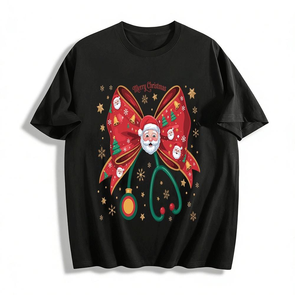 Christmas Medical Stethoscope Bow Print Holiday Casual Top Pure cotton T-shirt XXS