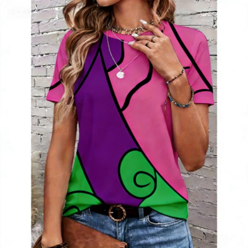 Women's Abstract Geometric Art Print T-Shirt Loose Short-Sleeve Summer Top