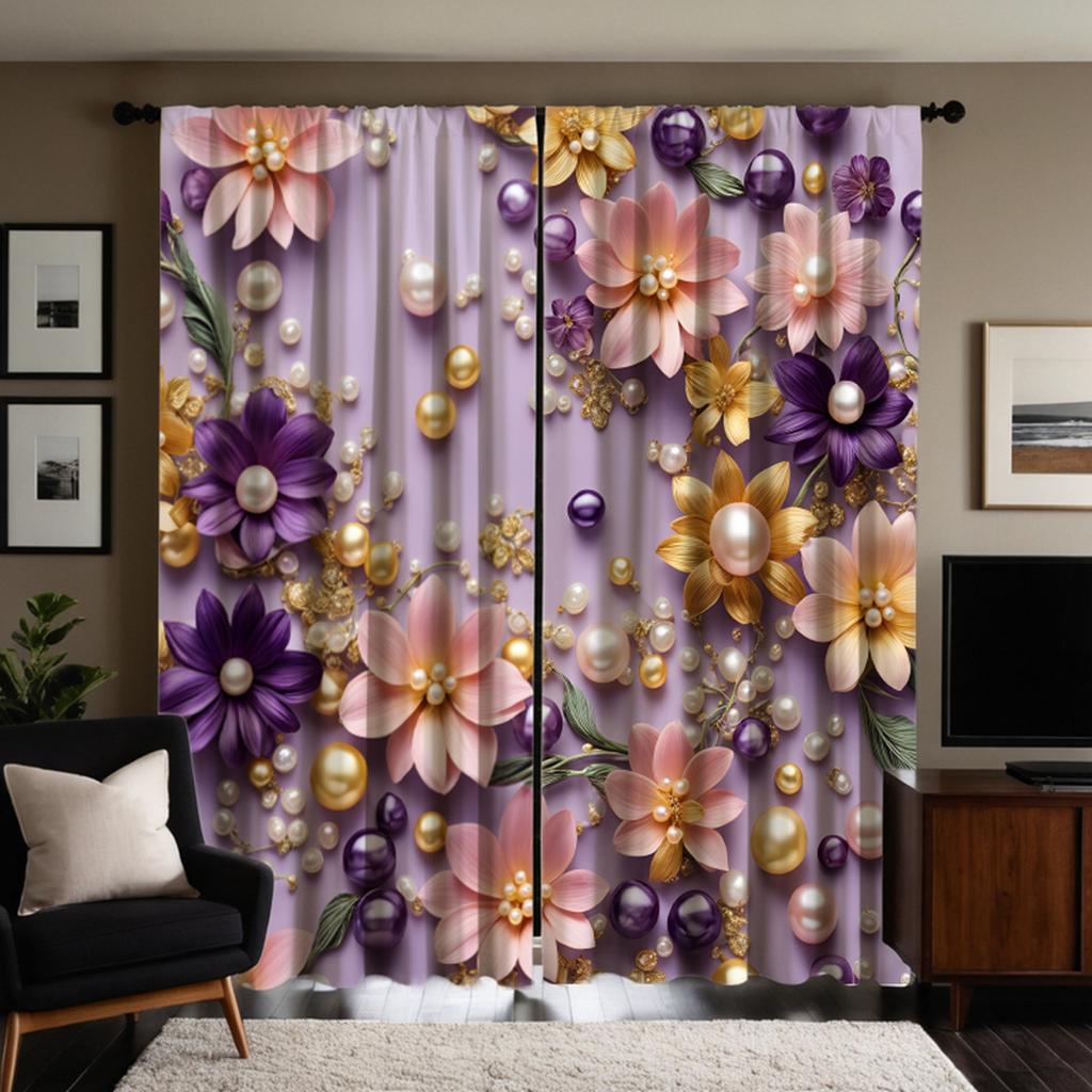 2pcs HD Stereo Pearl Flower Decoration Curtain Pink Tie Digital Printed Curtain Home Decoration Style Decoration Living Room