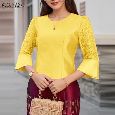 Women Casual Round Neck Lace Splice 3/4 Sleeve Elegant Blouse
