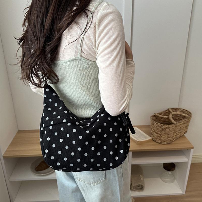 Polka Dot Hobo Bag For Women Corduroy Material Crossbody Bag With Knotted Detail Casual Korean Style Shoulder Bag Daily Commute
