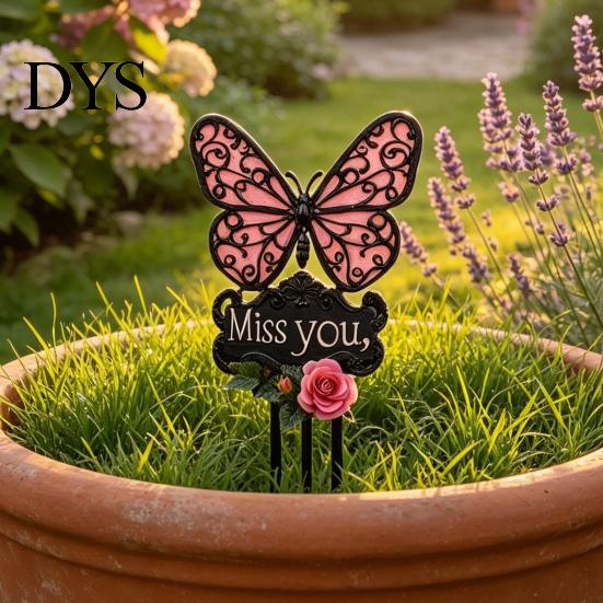Miss You Commemorative Sign Butterfly Memorial Garden Stake, Sign, Pink Acrylic Rose Decor Yard Art Stake for Lawn Courtyard Cemetery Decoration
