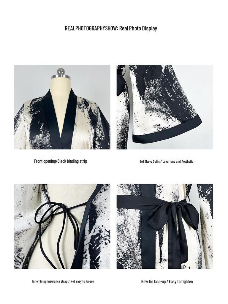 Elegant Chinese Ink Wash Satin Loose Robe - Luxury Home Leisure Wear