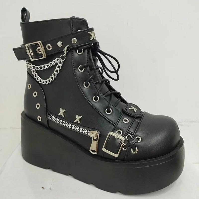 Botas de Plataforma Góticas Vampiro Cosplay Femininas de Cano Médio 2024 Inverno Cunhas Confortáveis Botas de Motocicleta Femininas
