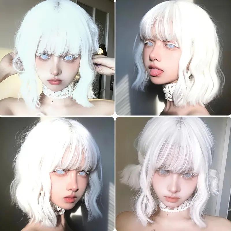 Silberweiß Kurze Rolle Synthetische Perücke Lolita Kann abgeschrägt Mittelscheitel Modische Wasserwelle Lockige Perücke Damenperücke