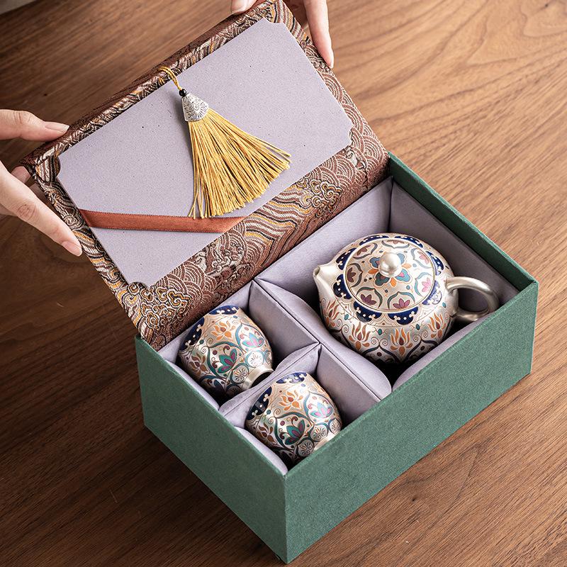 Chinese Silver-Plated Tea Set: Teapot & Cups Gift for Elders, Friends, Housewarming, or Birthday Souvenir.