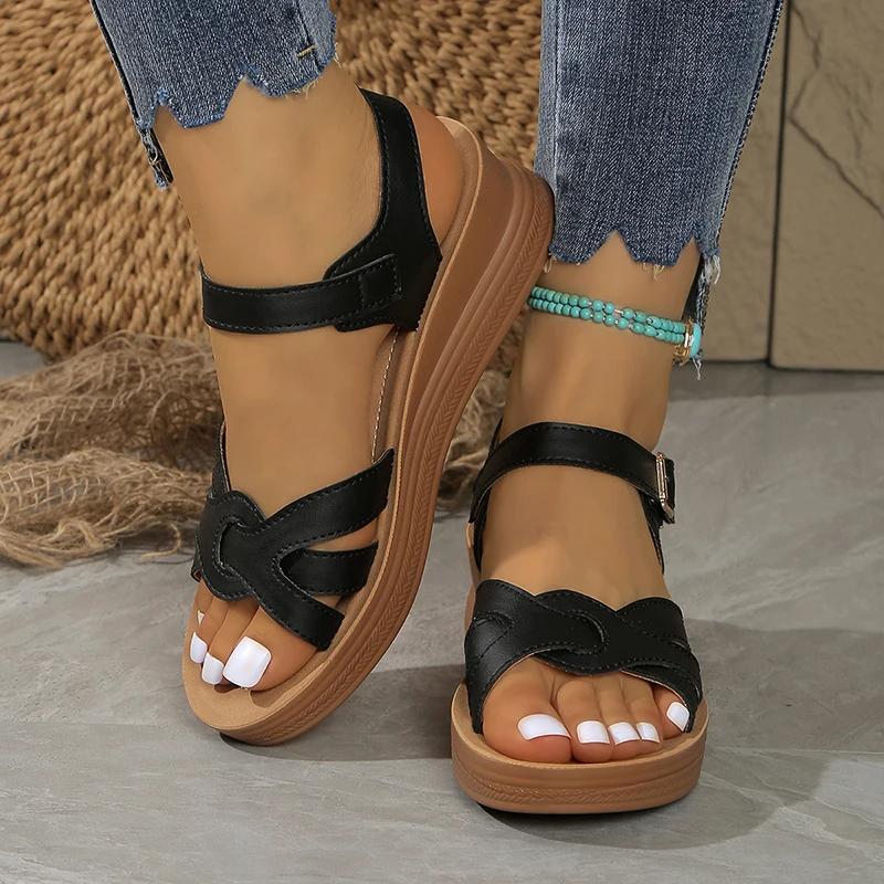 

Fashion Women s Sandals Fashion Cross Strap Open Toe Sandals Women Shoes New Buckle Med Heel Wedge Sandals Female Summer Non-Slip Shoes 43 чёрный