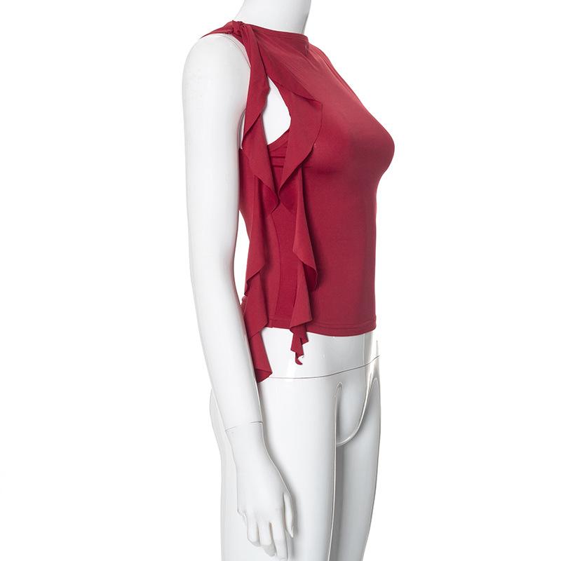 Summer Women'S Solid Color Vest Fluttering Tassel Sleeveless Slim Pullover Round Neck T-Shirt Casual Street Wear Y2K